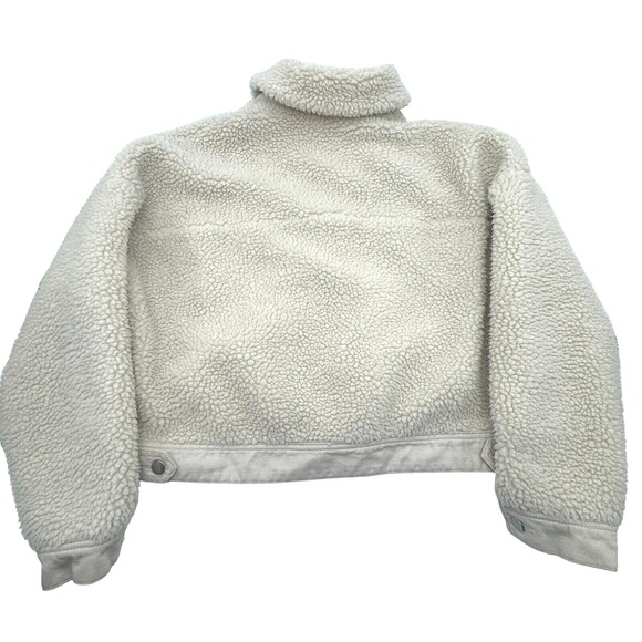 ZARA Women's Large Shearling Cream Beige Denim Trucker Biker Jacket Pockets Coat - Picture 2 of 8